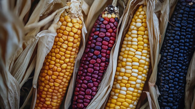 Different coloured corn on the cob