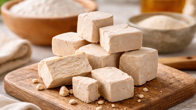 Close up of fresh yeast cubes stacked on a wooden board, with one cube cut open to show its soft texture
